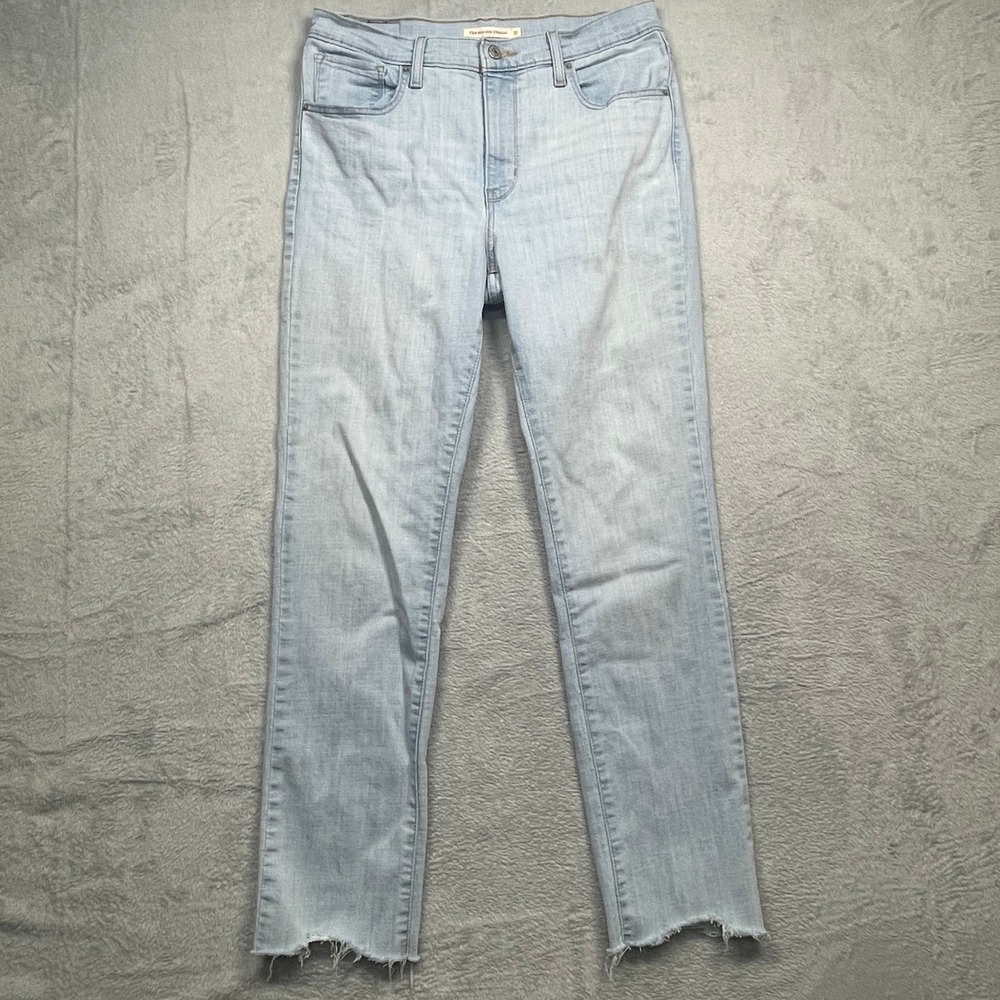 Levis 724 High Rise Straight Jeans Womens 31 Light Wash Raw Hem Blue Denim